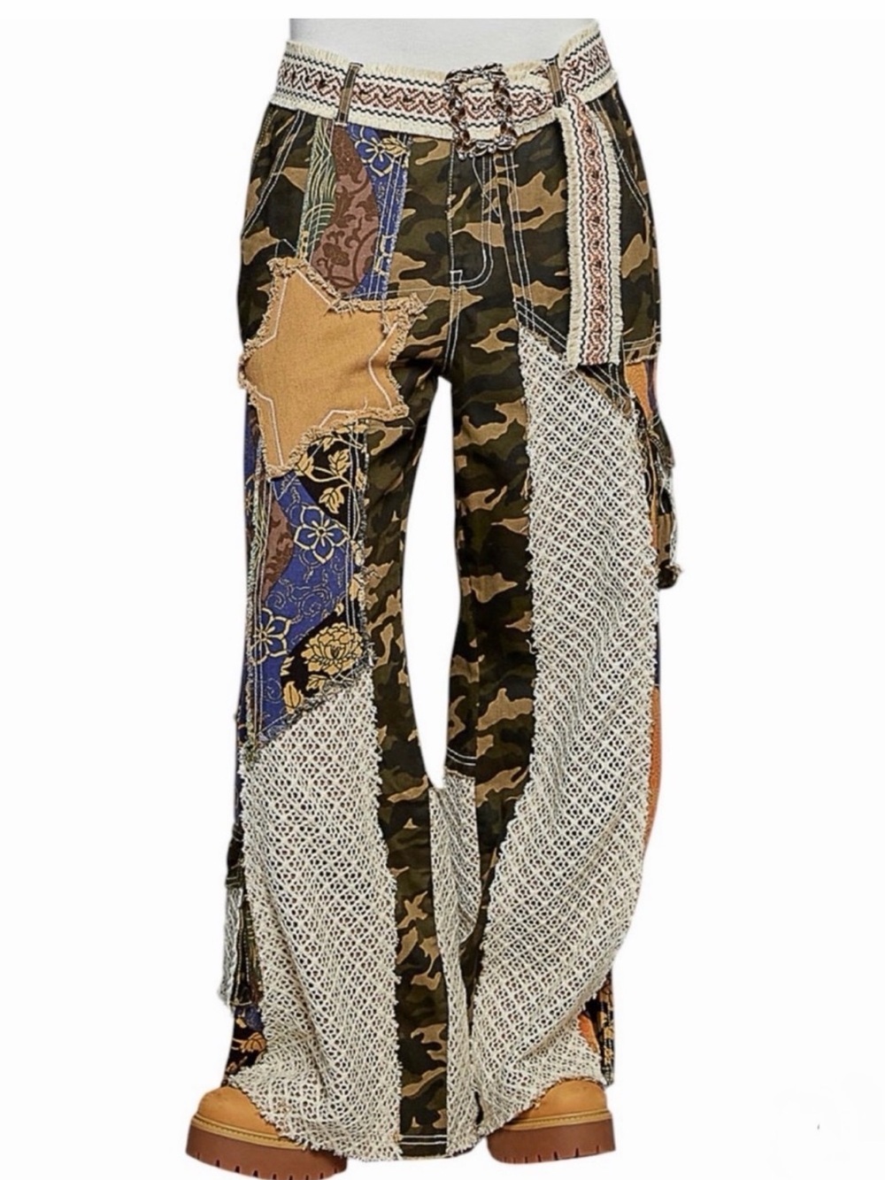 Pol Hunting Wives SzMed Patchwork Camo Wide-Leg Pants Olive/Beige